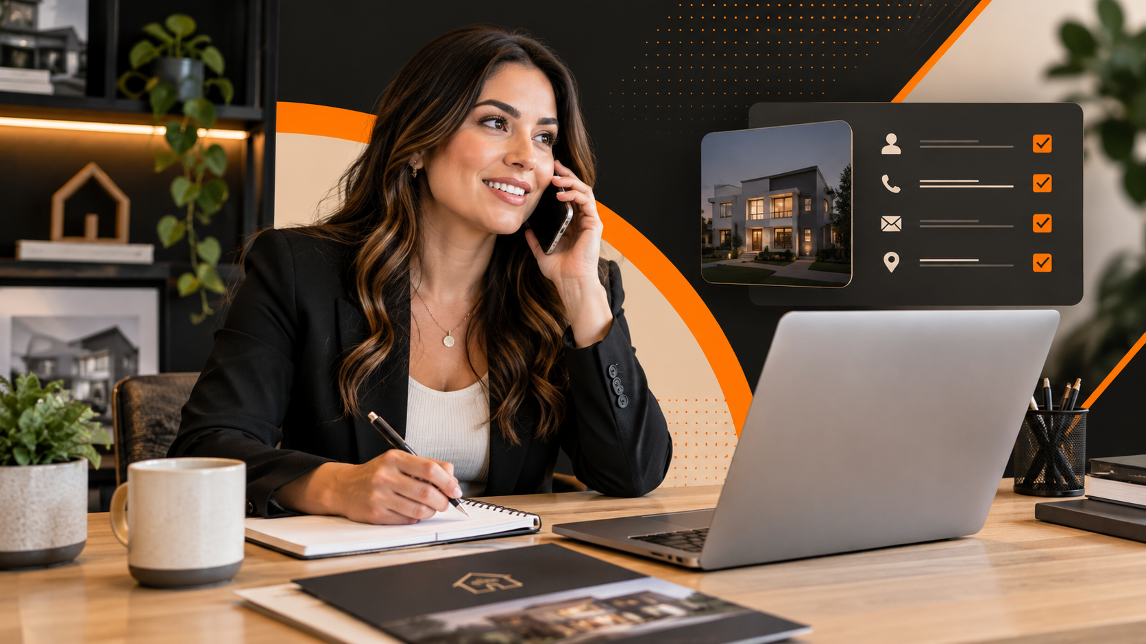 Real estate prospect reviewing properties and tracking data via a digital platform.