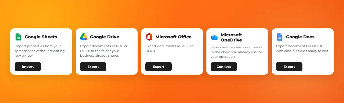 ReliaHouse integrations with Google Sheets, Google Drive, Microsoft Office, OneDrive, and Google Docs