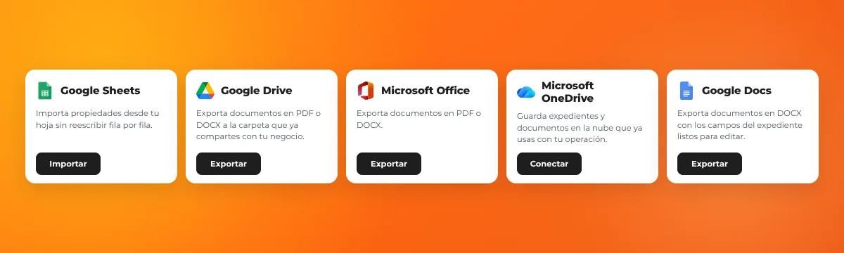 Integraciones de ReliaHouse con Google Sheets, Google Drive, Microsoft Office, OneDrive y Google Docs