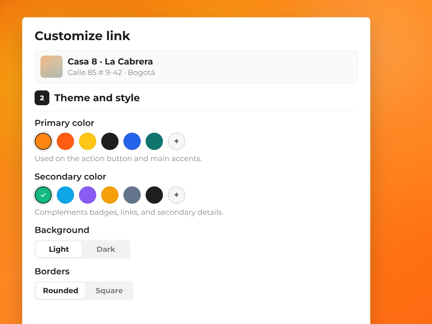 Link customization form with brand color picker in ReliaHouse
