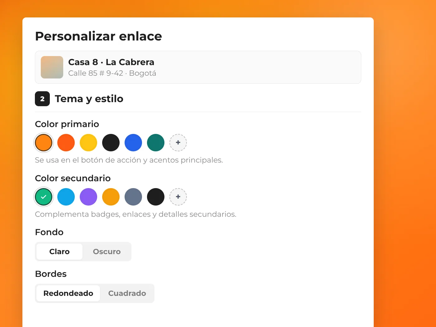 Formulario de personalización del enlace con selector de colores de marca en ReliaHouse