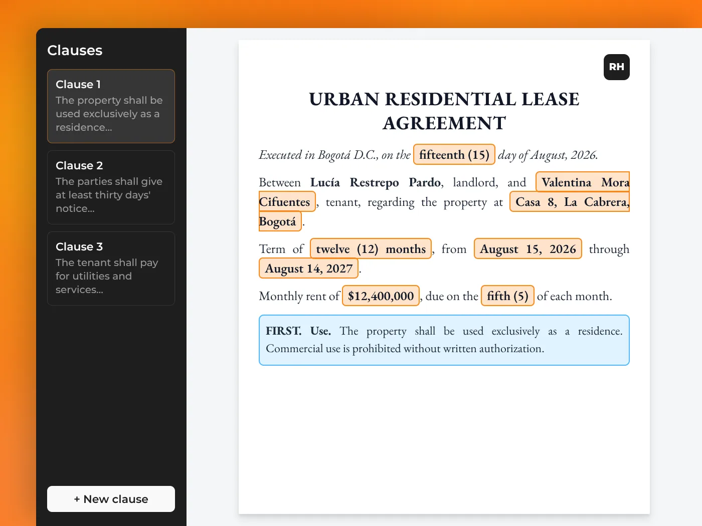 Lease agreement editor with clauses and highlighted fields in ReliaHouse