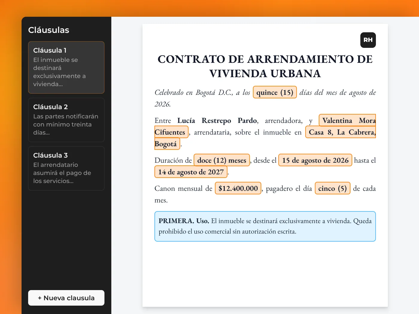 Editor de contrato de arriendo con cláusulas y campos resaltados en ReliaHouse