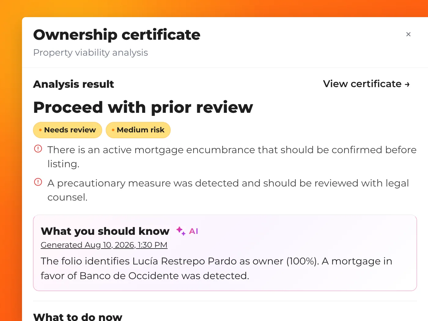 Property ownership report with alerts and precautionary measures in ReliaHouse