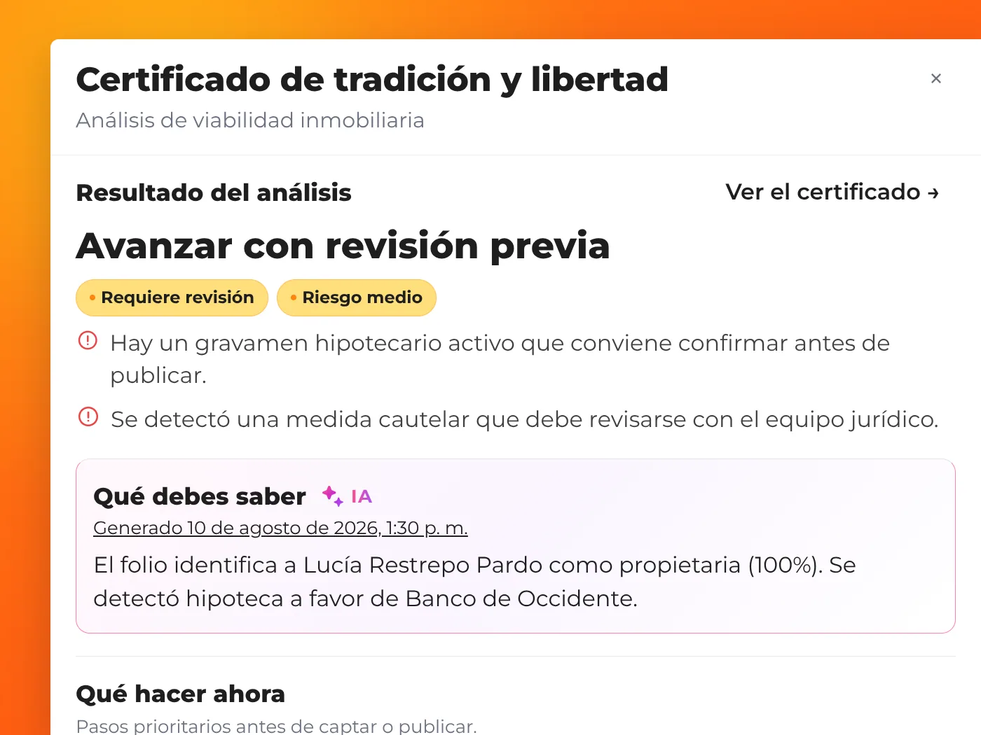 Informe de titularidad de la propiedad con alertas y medidas cautelares en ReliaHouse