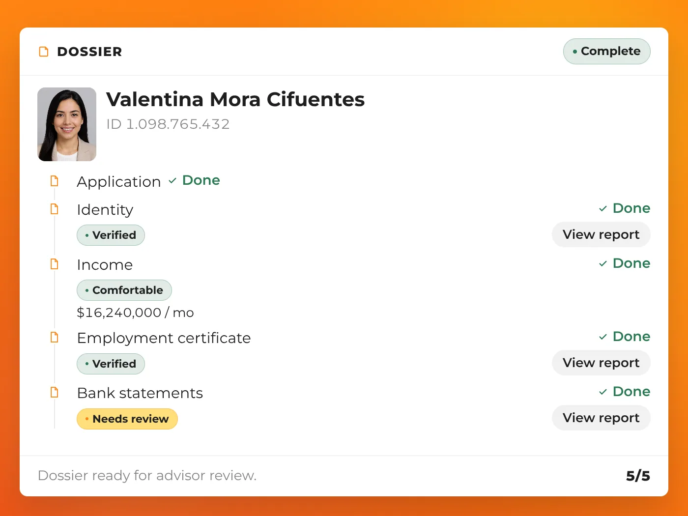 Prospect dossier with identity, income, employment certificate, and bank statements in ReliaHouse