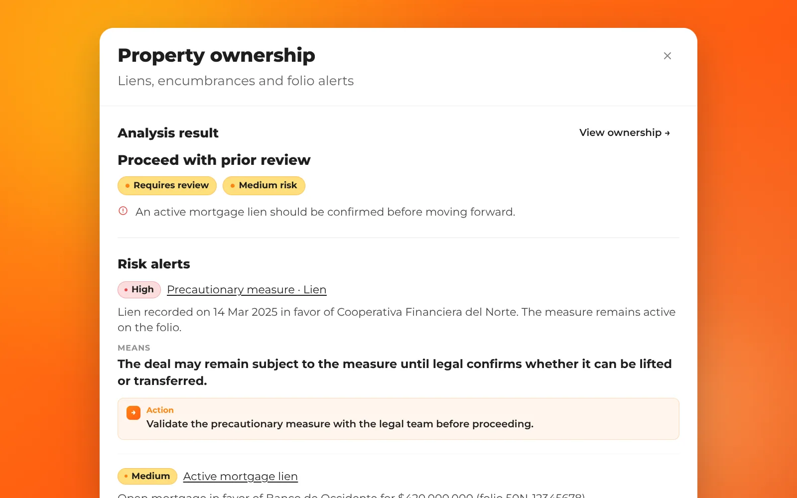 Ownership reading with precautionary measure and risk alerts