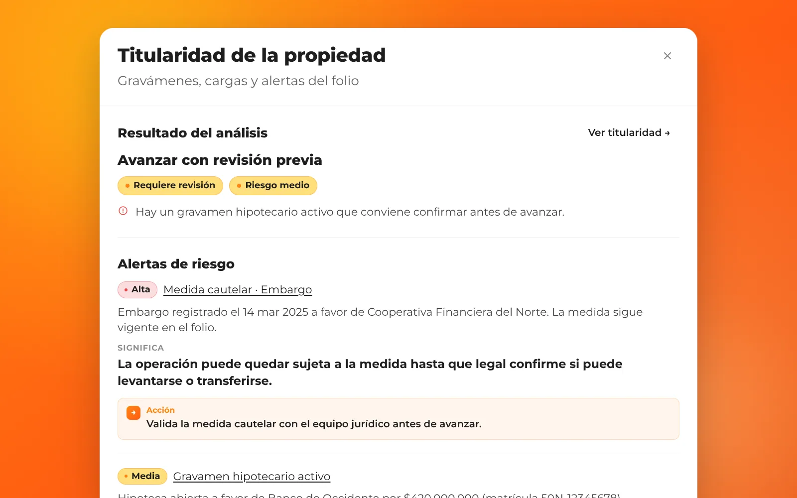 Lectura de titularidad con medida cautelar y alertas de riesgo